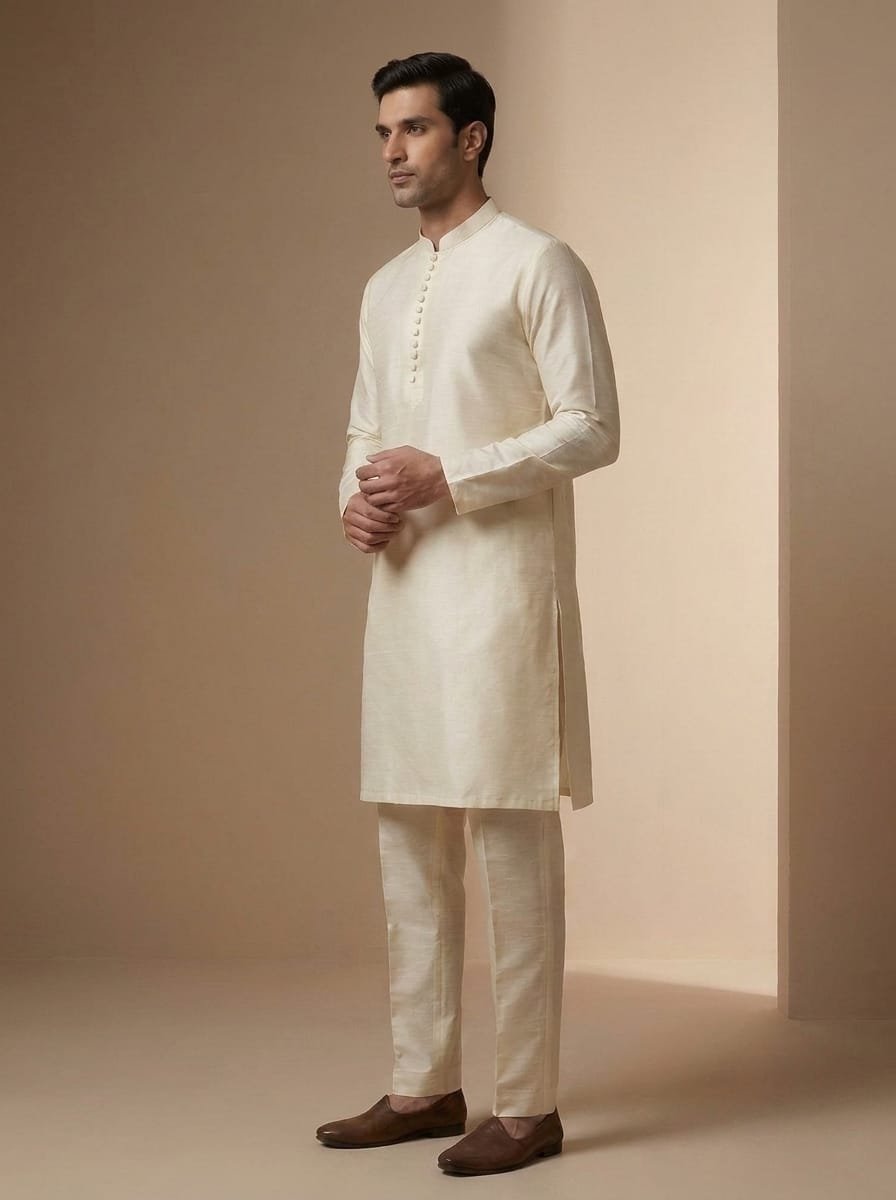 Light Cream Rao Silk Kurta Trouser for Men